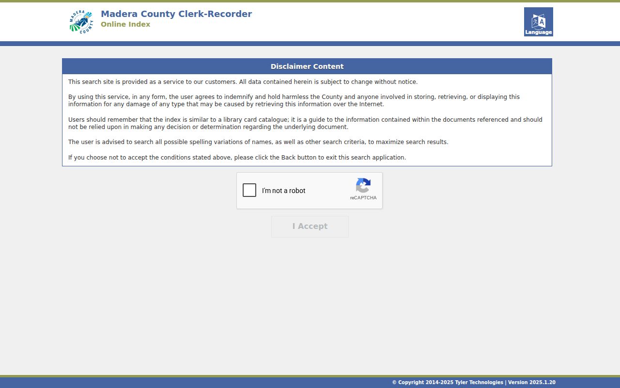 Madera public records Tyler Clerk-Recorder online index entry
