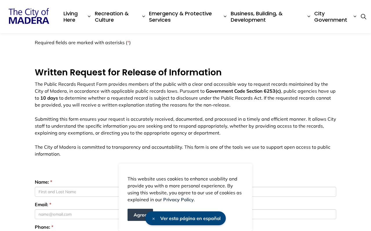 Madera public records online City Clerk request form